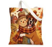 Sac fourre-tout en toile motif chien boxer d'automne 33 x 38,1 cm, motif épouvantail de ferme d'automne réutilisable pour femme, sac d'épicerie amusant pour la campagne, la plage, esthétique
