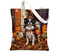 Sac fourre-tout en toile motif chien japonais d'Halloween pour faire du shopping, 33 x 38,1 cm, sac d'épicerie réutilisable pour femme, motif citrouille d'horreur rustique, ferme, plage, esthétique
