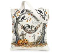 Sac fourre-tout en toile motif chien Shih Tzu Automne Halloween 33 x 38 cm, effrayant et amusant, squelette fantôme, sac d'épicerie réutilisable pour femme, plage effrayante, peinture esthétique