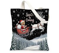 Sac fourre-tout en toile motif chien Yorkies de Noël 33 x 38 cm, sac d'épicerie réutilisable et tendance pour femme, cadeau de Noël, travail, voyage
