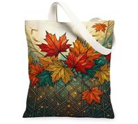 Sac fourre-tout en toile Motif feuilles d'érable d'automne 33 x 38 cm | Imprimé feuillage vif, fond géométrique en treillis, palette de couleurs chaudes, accessoire saisonnier inspiré de la nature