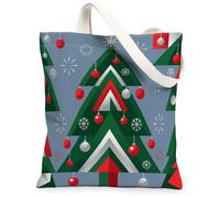 Sac fourre-tout en toile pour décoration d'arbre de Noël géométrique 33 x | Motif d'arbre géométrique, boules festives rouges et argentées, accents de flocon de neige d'hiver, tissu texturé en lin