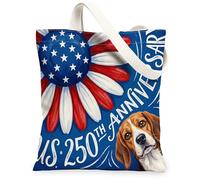 Sac fourre-tout en toile réutilisable pour le 250e anniversaire de mariage Motif Beagle 33 x 38,1 cm, 4 juillet indépendance pour femme, motif patriotique esthétique, cadeau décoratif