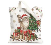 Sac fourre-tout en toile réutilisable pour le shopping, motif arbre de Noël, Père Noël, chat sibérien, 33 x 38,1 cm, boîte cadeau de Noël d'hiver, sac d'épicerie réutilisable pour femme, motif