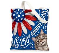 Sac fourre-tout réutilisable en toile pour le 250e anniversaire de mariage - Motif chat sibérien - 33 x 38 cm - 4 juillet - Sac d'épicerie réutilisable pour femme, plage patriotique, peinture