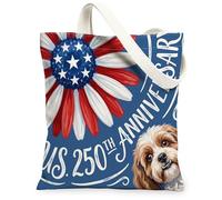 Sac fourre-tout réutilisable en toile pour le 250e anniversaire de mariage Motif chien Cavachon 33 x 38,1 cm, 4 juillet indépendance pour femme, motif patriotique esthétique, cadeau décoratif