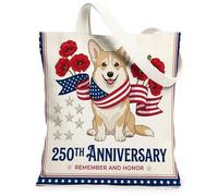 Sac fourre-tout réutilisable en toile pour le 250e anniversaire de mariage Motif chien Corgi 33 x 38 cm, 4 juillet Memorial Day Sac d'épicerie réutilisable pour femme, plage patriotique, peinture