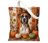 Sac fourre-tout rustique en toile motif chien boxer d'automne 33 x 38 cm, sac d'épicerie réutilisable en bois pour femme, peinture esthétique, décoration cadeau