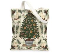 Sac fourre-tout rustique en toile Motif sapin de Noël 33 x 38 cm | Fond à carreaux, motifs de branches de pin, accents de bougie, seau rustique, thème botanique d'hiver