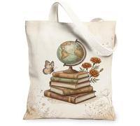 Sac fourre-tout vintage en toile avec illustration botanique Globe and Books 33 x 38 cm