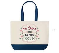 Sac shopping fond bleu Chérie la plus belle Amoureuse Copine Saint-Valentin Cadeau Anniversaire Noël | Grand Sac Courses Cabas