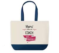 Sac shopping fond bleu Merci Coach Géniale Collègue Départ Cadeau Anniversaire Noël | Design Graphique Grand Sac Courses Cabas
