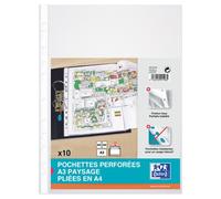 Sachet de 10 Pochettes perforées Oxford A3 paysage plié en A4 PVC lisse épaisseur 9/100ème incolore
