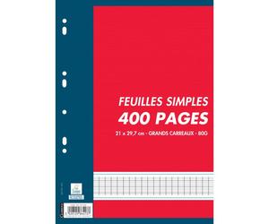 Sachet de 400 pages (200 Feuillets mobiles) format A4 : 21 x 29,7 cm seyes 80 g. Coloris Blanc