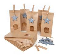 Sachets cadeaux Noël, lot de 10: sacs papier kraft avec fenêtre, pochette cadeau alimentaire pour biscuits, chocolats ou thé, sac avec étoile bois et pince, emballage, 29 x 10,5 x 6,5 cm