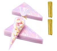 Sachets cône sucrerie + liens, 100pc, irisés 13x25cm, pour bonbons | 100 sachets cône avec liens dorés, film holographique irisé résistant, pour emballer des bonbons