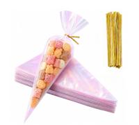 Sachets cône sucreries + liens, 50 pcs irisés 12.7x25cm, pour bonbons | 50 sachets avec liens dorés, fabriqués en film holographique irisé résistant, pour emballer des bonbons