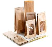 Sachets kraft fond plat avec fenêtre, 10 pièces: sac papier brun alimentaire avec clips pour thé, épices, café, friandises, cadeau fait maison, pochette emballage, 26,5 x 8,5 x 5 cm