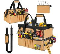 Sacoche Outils,Sac Outils Vide,38 cm Ouverture Robuste Sac à Outils,38 Poches Organiseur de Rangement,étui de Transport pour Papa,Homme,Mécanicien,électricien,Jardinage,Marron(Sac Uniquement)