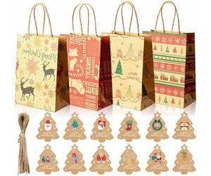 Sacs cadeaux de Noël avec poignée, 12 pièces, 4 motifs, 21 x 15 x 8 cm, en papier