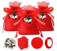 Sacs en Jute Rouge 30pcs avec Bonnet de Fin d'Études et Ruban de Satin Rouge - Cordon de Serrage pour Fête de Fin d'Année Noël (10 x 8cm)