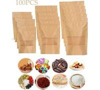 Sacs en Papier Kraft 100 Pcs Réutilisables à Fenêtre Transparente Sachets en Papier Kraft pour Emballage, café, thé, goûter