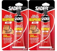Sader Colle Contact Néoprène Gel - Colle Extra Forte Tous Matériaux - Prise Immédiate - Idéale pour Supports Poreux ou Verticaux - Transparente - Tube 125 ml, Ambré (Lot de 2)