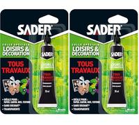 Sader - Colle Tous Travaux - Loisirs et Décoration - Tous Supports - Idéale pour Papier, Carton, Bois et Feutrine - Transparente Après Séchage - Sans Solvant - 1 Tube 30 ml (Lot de 2)