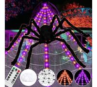 Sadodo Décoration d'extérieur en toile d'araignée pour Halloween, 250 LED, 5 x 5 m, télécommande + araignée géante de 200 cm + 20 petites araignées + 40 g de toiles d'araignées pour Halloween, fête