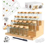 SAEIV 24 Pièces Pot à Épices en Verre et Bois, Étagère à Épices 4 Niveaux, Bocaux Épices Borosilicaté Sans BPA, Porte-Épices Hermétique, Range Épices Cuisine Gain de Place pour Épices Rangement