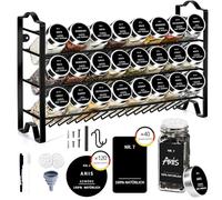 SAEIV Étagère à Épices Murale/Comptoir, Porte-Épices Cuisine 3 Niveaux Inclinés, Spice Rack Métal Noir Inox, Organisateur Épices 24 Pots Verre Borosilicaté Sans BPA, Rangement Épices Cuisine Compact