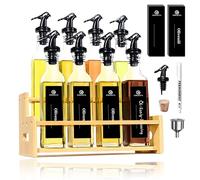 SAEIV Porte-Bouteilles en Bambou Sans Goutte, Bouteille Huile Olive Bec Verseur 8 Pièces 250ml, Huilier Verre Borosilicaté, Distributeur Huile d'Olive, Verseur Huile d'Olive Sans BPA