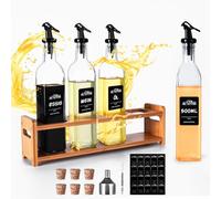 SAEIV Porte-Bouteilles en Bambou Sans Goutte, Verseur Huile d'Olive 4 Pièces 500ml, Bouteille Huile Olive Bec Verseur Verre Borosilicaté, Distributeur Huile d'Olive, Huilier Sans BPA