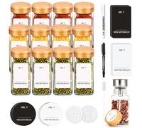 SAEIV Pots à Épices 12 Pièces, Pot à Épices en Verre et Bois Naturel, Pot Épices Verre Hermétique, Bocaux à Épices avec Entonnoir Inox et Étiquettes, Boîte Épices Cuisine Salva Spazio