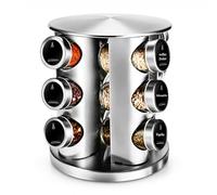 SAEIV Tourniquet à Épices 360° Rond, Porte-Cuisine Acier Inox 304, 12 Bocaux en Verre Borosilicaté Sans BPA, Étagère Compacte, Rangement Cuisine Gain de Place