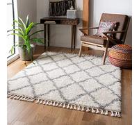 SAFAVIEH Shaggy Tapis Rectangulaire Intérieur, Tressé, Collection Shag Tassel Marocain, MTS358, Blanc Ivoire/Gris Clair, 183 x 274 cm
