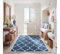 SAFAVIEH Tapis Géométrique pour - Imperméable à l'eau - Salon, Salle à manger, Chambre à coucher - Courtyard Collection, Tapis à poil court, Marine et beige, 122 X 170 cm