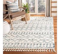 Safavieh Tapis Shag pour Salon, Salle à Manger, Chambre à Coucher - Berber Fringe Shag Collection, Tapis à Poil Court, Crème et Bleu, 160 X 229 cm