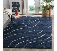 SAFAVIEH Tapis Shag pour Salon, Salle à Manger, Chambre à Coucher - Florida Shag Collection, Tapis à Poil Long, Bleu foncé et crème, 160 X 229 cm