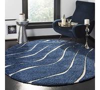 SAFAVIEH Tapis Shag pour Salon, Salle à Manger, Chambre à Coucher - Florida Shag Collection, Tapis à Poil Long, Bleu foncé et crème, 152 X 152 cm
