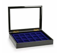 SAFE 5901 Vitrine de Collection Briquet, Noir Brillant, 15 Compartiments | Finition Laquée Piano, Fermeture Magnétique, Intérieur Velours Bleu, Montage Murale Possible