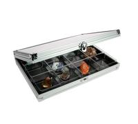 Safe Vitrine Aluminium à 12 Compartiments pour Miniatures | Fond en velours foncé, couvercle transparent verrouillable et pose libre ou murale pour minéraux.