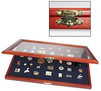 SAFE Vitrine en bois pour 100 pin’s avec couvercle en verre | Insert amovible en velours bleu et fixation murale pour présenter pin’s, insignes et décorations.