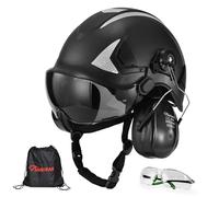 Safeyear Casque de Sécurité EN397 avec Visière et Cache-Oreilles, Casque Protection ABS avec Lunette UV, Casque de Chantier Réglable 53-64cm pour Industrie, logistique de Stockage, Forestier