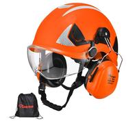 Safeyear Casque de Sécurité EN397 avec Visière et Cache-Oreilles, Casque Protection ABS avec Lunette UV, Casque de Chantier Réglable 53-64cm pour Industrie, logistique de Stockage, Forestier