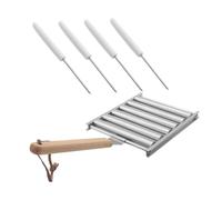 SAFIGLE Rouleau à Saucisses en Acier Inoxydable avec Manche en Bois Détachable, Support Métallique pour Barbecue Extérieur, Cuisson Uniforme, Set de 5 Pièces avec 4 Piques, pour Grillades