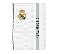 Safta Real Madrid 1ère équipe 24/25 Cahier avec couverture rigide 80 feuilles, idéal pour les enfants de différents âges, confortable et polyvalent, 21,5 x 1 x 31 cm, blanc/gris