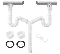 SageFurned Kit de vidange d'évier réglable 20 cm-80 cm, flexible P-siphon double vasque, adaptateur de tuyau G1-1/2 et G1-1/4, blanc
