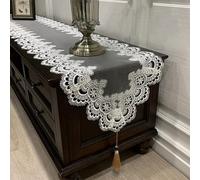 SageFurned Nappe vintage en dentelle 40 x 100 cm, faite à la main, housse anti-poussière en polyester avec pompons pour meuble TV, commode, table basse (4)