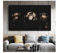 Sagesse Sombre 3 Singe Gorille Photos Affiches d'animaux Peinture sur Toile Art Mural pour Salon décoration 30x60 cm avec Cadre